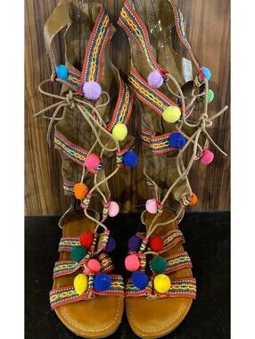 BAMBOO Magical Gladiator Sandals Knee High Hippie Bohemian Aztec Pom Pom Ball 7